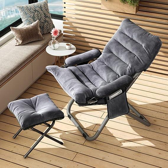 Living Room Lazy Chair with Ottoman, Foldable Modern Lounge Accent Chair with Armrests and a Side Pocket, Leisure Upholstered Sofa Chair Set,for Living Room/Bedroom/Office
