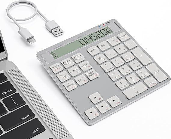 Rechargeable Wireless Number Pad for Laptop - 2-in-1 Dual Bluetooth & Wired Numeric Keypad with Calculator Display, 34 Keys Slim Portable Numpad for PC, MacBook, Tablet - Fast Data Entry & Accounting