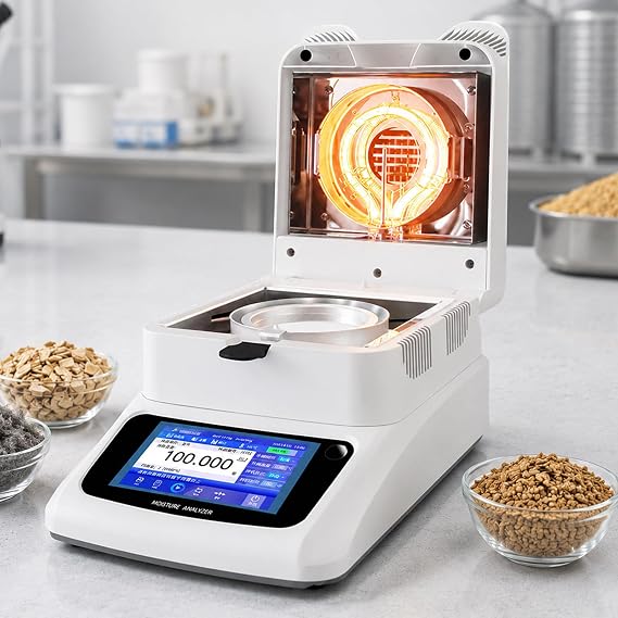 Moisture Analyzer, Digital Halogen Moisture Meter with 120g Capacity, 5-Inch Touchscreen, 3 Drying Modes, RS-232 Data Output, for Grain, Corn, Feed,