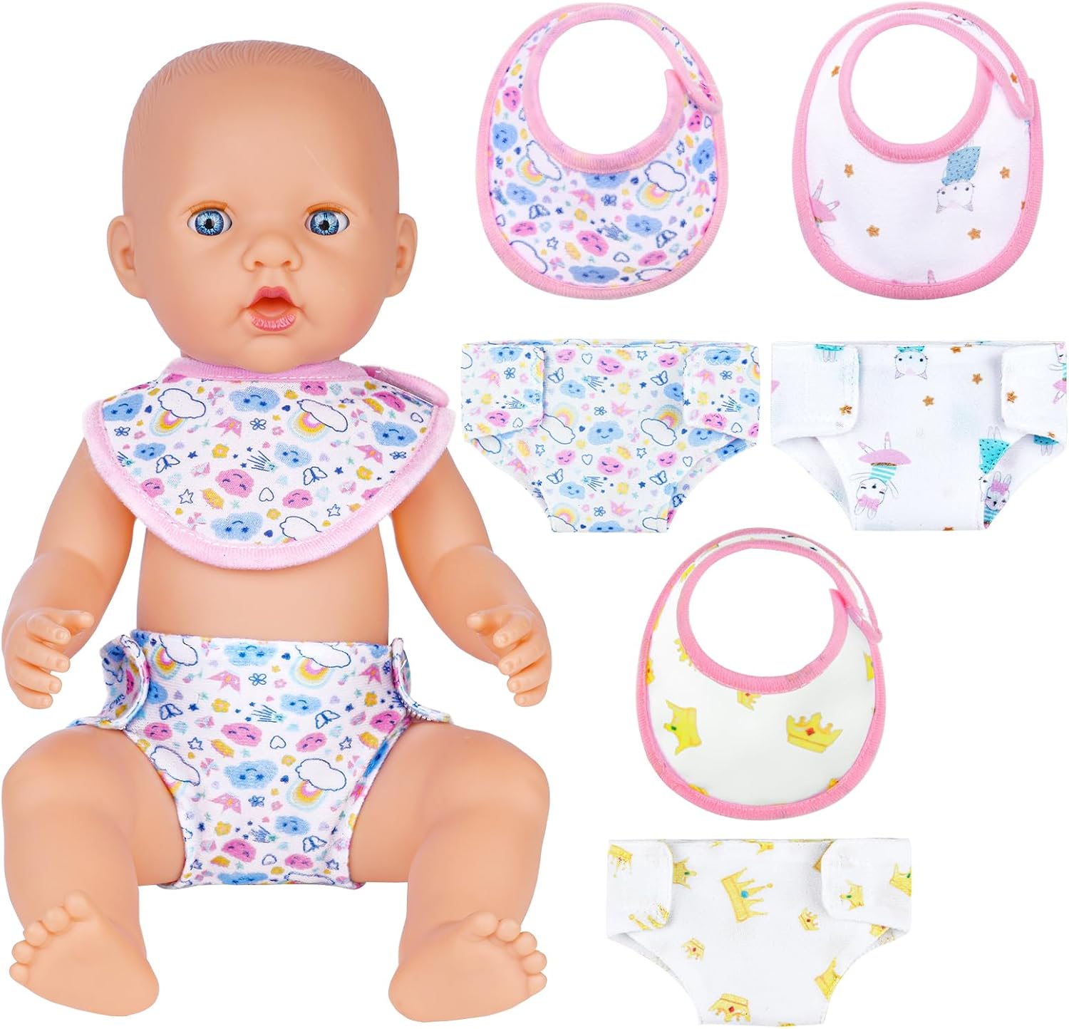 Doll Accessories - Diaper &amp; Bib Set for Baby Doll, Reusable Multiple Uses