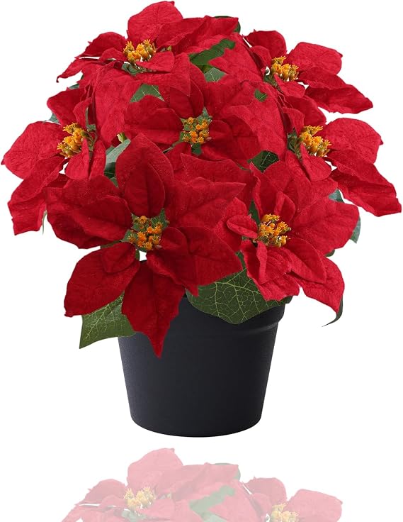 Christmas Poinsettia Flowers in Pot Red Artificial Poinsettia Plants | 15 Inch Winter Flowers for Home Office Table Decorations Indoor Outdoor Xmas Ornament