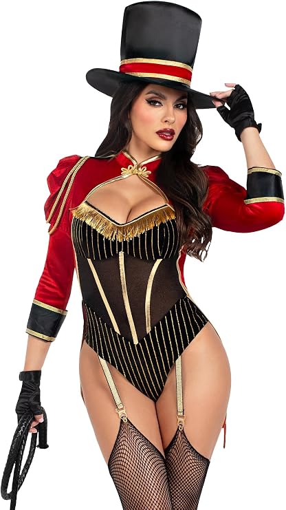 Leg Avenue Women's 2 PC Ravishing Ringmaster Costume Womens Halloween Costumes with Attached Velvet Tail Coat, and Top Hat