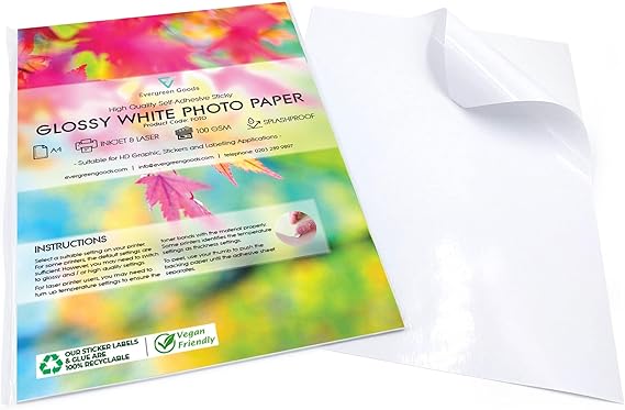 A4 White Glossy Self-Adhesive Printable Sticker Paper | 10 Sheets | Splashproof Inkjet & Laser Compatible | Photo Quality Print | Product Labels, DIY Crafts, Scrapbooking | Evergreen Goods