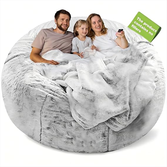 Bean Bag Chair Cover, Big Round Lazy Sofa Bed Cover for Adults (No Filler) | Soft fluffy PV velvet cover feels cozy and is machine washable. Perfect for living room, bedroom, or balcony. 6ft snow grey