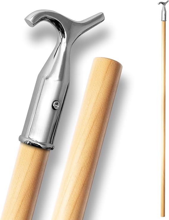 Window Pole Opener and Loft Ladder Pole with Hook | 118cm Smooth Wooden Window Opener Rod with Chrome Pole Hook Suitable for Sash or Velux Windows, Attic, Loft Hatch, and Blinds