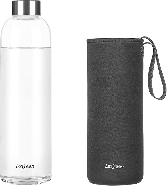 Glass Water Bottle 32 oz with Lid and Neoprene Sleeve, 1 Pack