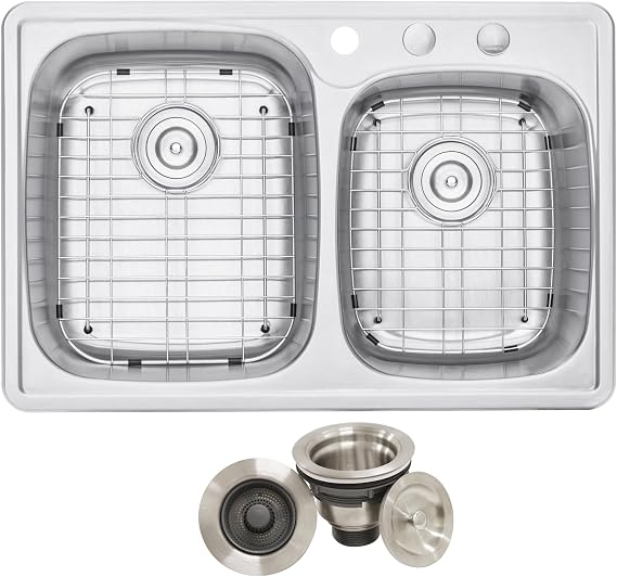 CozyBlock 33 x 22 x 9 Inch 60/40 Offset Top-mount/Drop-in Stainless Steel Double Bowl Kitchen Sink with Strainer and Protective Bottom Grid - 18 Gauge Stainless Steel-3 Faucet Hole