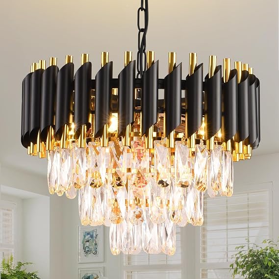 Black and Gold Crystal Chandelier Pendant Light Fixture Flush Mount Ceiling Lighting 3 Tiers Modern Crystal Chandeliers for Living Room Dining Room Bedroom Bathroom Foyer E14*5 Light [Energy Class F]