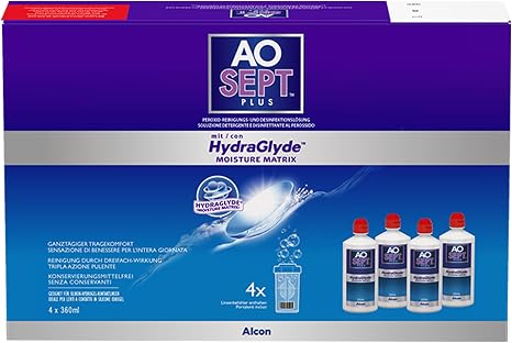 Aosept Plus mit Hydraglyde contact lens care solution system pack 4 x 360 ml