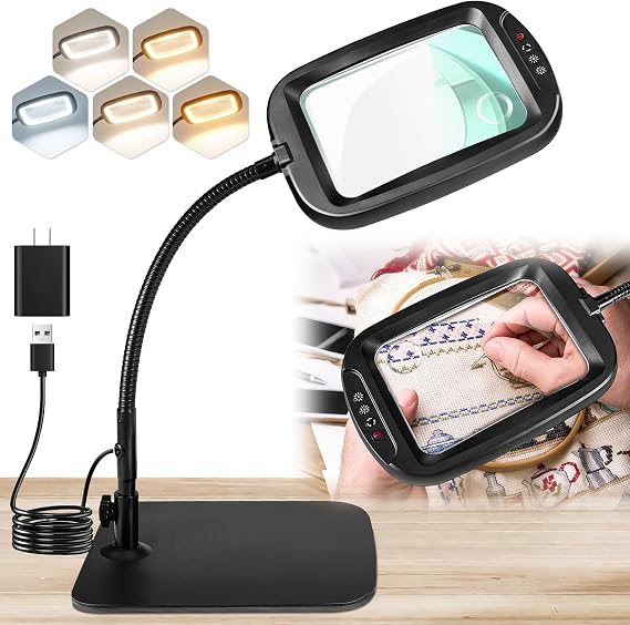 10X 30X 7'' Extra Large Magnifying Glass with Light and Stand, 5 Color LED | 5 Modes Dimmable LED Magnifying Lamp with Flexible Gooseneck, Hands Free Magnifier for Reading Close Work Seniors Low Vision