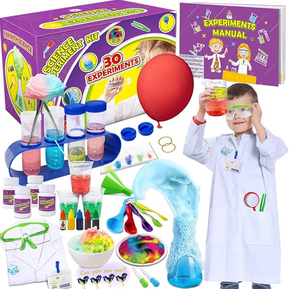 UNGLINGA 30 Experiments Science Kit for Kids with Lab Coat, Chemistry Set | S.T.E.M Toys Birthday Gifts for Boys Girls, Scientist Costume Role Play Tools Educational Learning Set