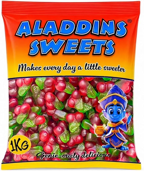 BG Aladdin's Sweets Candies Pick & Mix, Gummy Fizzy Sour Jelly Foamy Halal Sweeties, Movie Nights Kids Parties Treats Bulk Bag 1kg (Jelly Twin Cherries)