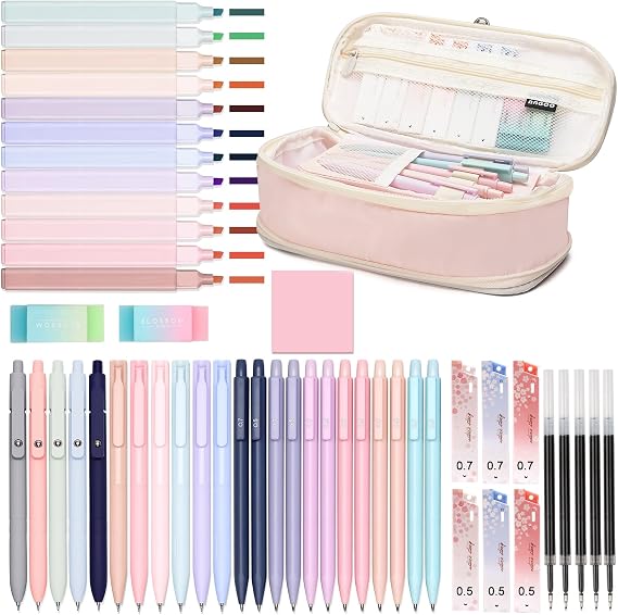 50 PCS Aesthetic School Supplies with Cute Pen Case,12 Pastel Highlighters,5 Black Ink Gel Pens, 12 Mechanical Pencils Set 0.5 & 0.7 mm 6 Color Gel Pens for Students Stationary College Essentials Pink