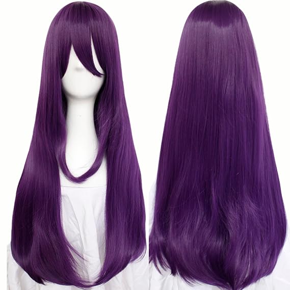ANOGOL 32In/80cm Long Purple Wig with Bang Dark Purple Straight Cosplay Wig | Hair Cap+Women Violet Long Straight Anime Wigs Violet Cosplay Hair Synthetic Anime Costume for Halloween Party Mardi Gras