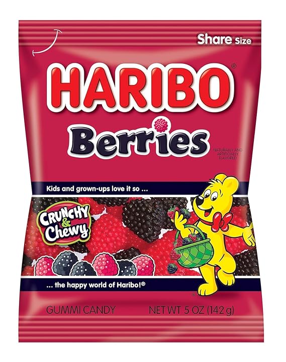 Berries Gummy Candy, Soft & Crunchy, Chewy Sweet Snacks Berry-Shaped Gummi Candy Share Size Red & Black Berry Fruit Flavor (Pack of 4, Berries)