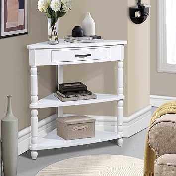 Triangle Corner Table with Storage Drawer - 3-Tier Solid Wood End Table for Small Spaces, Living Room Corner Accent Table with Espresso Top and Drawer (33.86" x 20" x 34.6"), Milk White