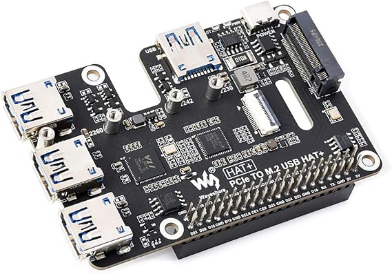 PCIe to M.2 NVMe and USB 3.2 Gen1 HAT+ for Raspberry Pi 5, Supports 22302280 SSD, Bootable NVMe Storage, 4-Port USB Expansion, Plug and Play PCIe Adapter Board