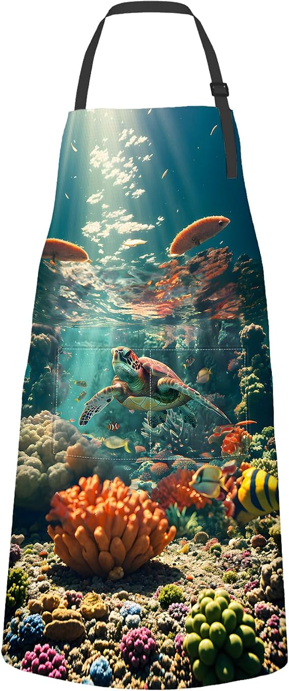 Coral Turtle Apron,Oxford Fabric Adjustable Kitchen Apron with 2 Pockets,Waterproof Cooking Aprons for Men Women Mom Wife Dad,Ideal Gifts for Coffee