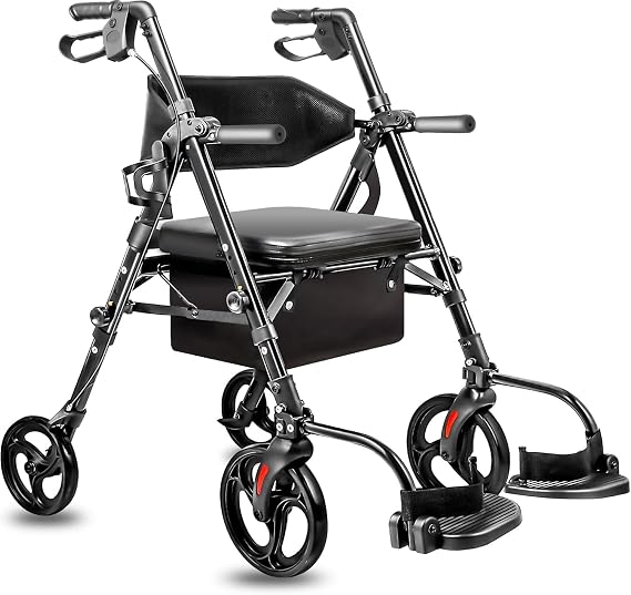 2-in-1 Lightweight Rollator Walker with Seat and Extra Wide Backrest, Foldable Rolling Walker with All-Terrain 10-inch Front and 8-inch Rear Wheels for Seniors, Supports up to 300 lbs