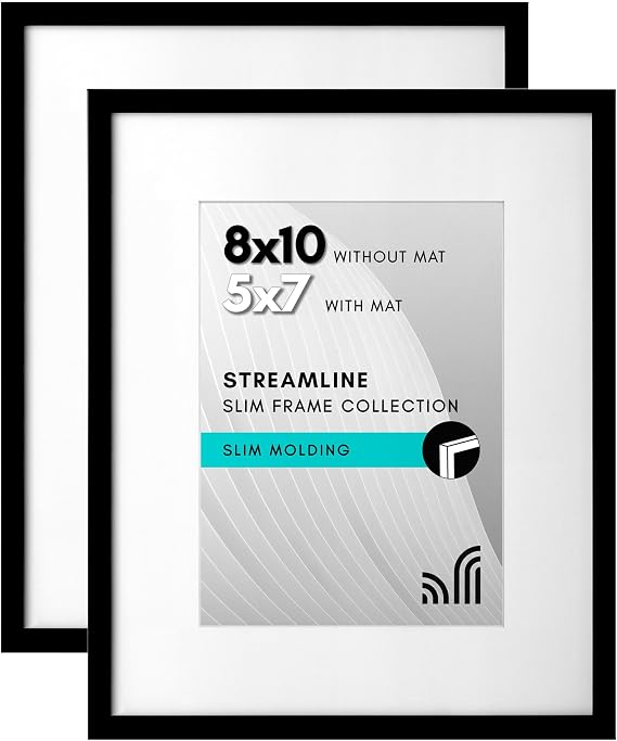 Americanflat 10x8 Photo Frames with Shatter-Resistant Glass - Set of 2 - Use as 7x5 Photo Frames with Mount or 8x10 without Mount - Thin Picture Frames for Wall and Tabletop Display - Black