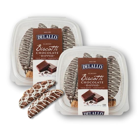 DeLallo Chocolate Dipped Biscotti Cookies, Twice-Baked Authentic Italian Recipe, All Natural Tuscany Biscuits Dipped in Velvety Dark Chocolate and Drizzled with White Chocolate, 8.5 oz Container, (2 Pack)