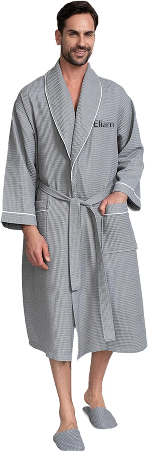 Lotus Linen Men’s Waffle Weave Cotton Bathrobe – Lightweight, Quick Dry Spa Robe, Personalized Robes