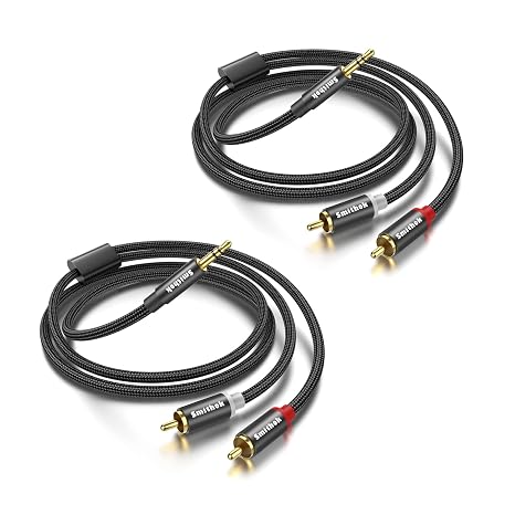 Smithok 2 Pack 3.5mm to RCA Cable,Gold Plated,Nylon Braided 1/8 Male to Male Stereo Aux Cord [Left/Right] Y Splitter Adapter for Tablets, Speakers, Smartphones, MP3, HDTV Black (10Ft/3m)