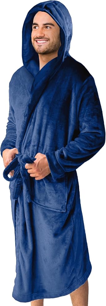 Elegant Comfort Luxury Mens Hooded Plush Fleece Spa Bathrobe with Shawl Collar and Pockets - Velvet Soft, Mens Spa Long Robe