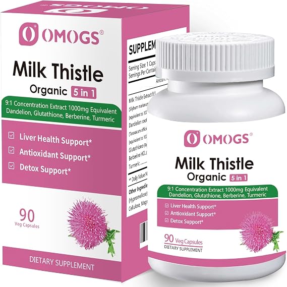 OMOGS Organic Milk Thistle, Herbal Liver Support Milk Thistle Supplement, with Dandelion Root, Glutathione, Berberine HCL &Turmeric, Support Liver Cleanse Detox & Repair, 90 Capsules
