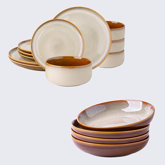 Ceramic Dinnerware Sets of 4,Poreclain Plates and Bowls Sets,Handmade Reactive Glaze Dishes Set,Chip Resistant and Scratch Resistant | Oven&Dishwasher & Microwave Safe,16PCS-Kahki
