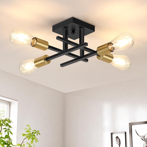 4-Lights Sputnik Chandelier Modern Semi Flush Mount Ceiling Light for Bedroom Lighting, Industrial Kitchen Light Fixture Ceiling Mount for Dining Room Hallway Living Room(Black with Gold) [Energy Class E]