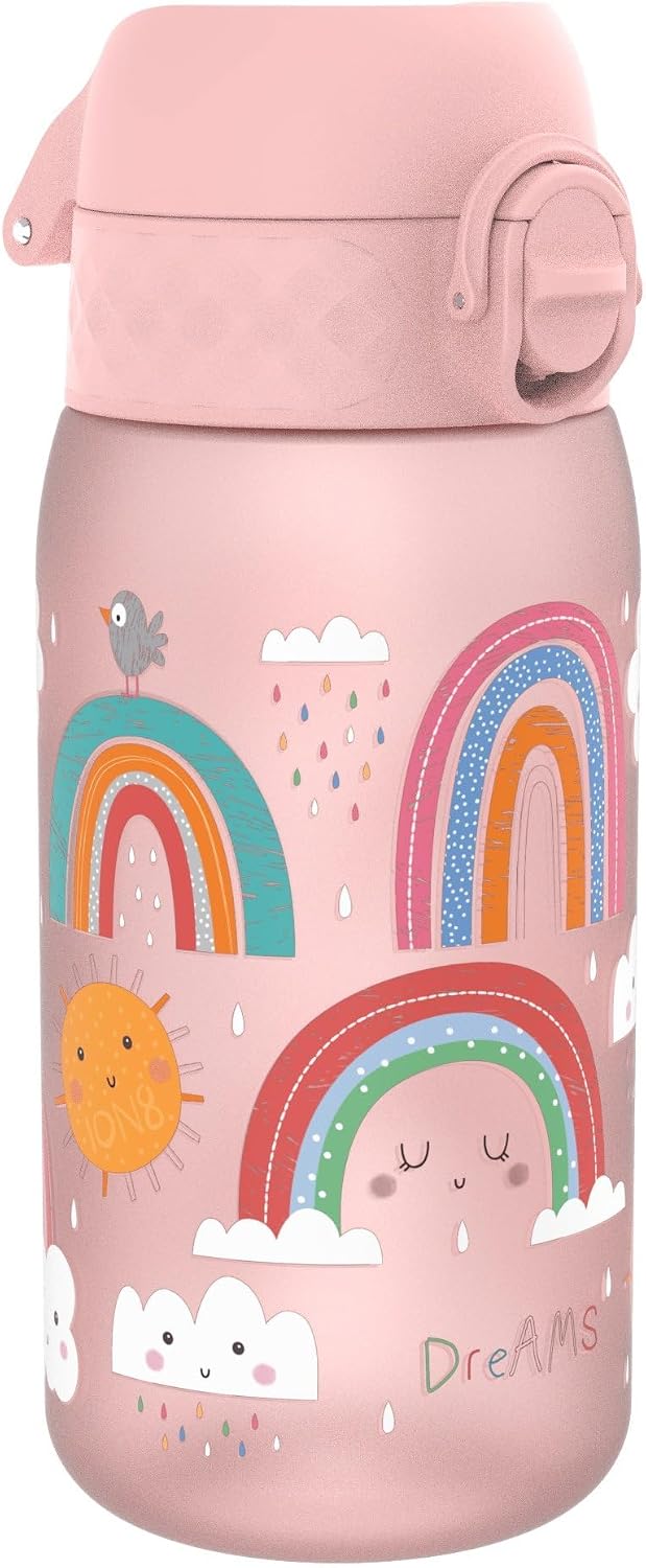 Ion8 Small Water Bottle, Leak Proof, Easy to Open, Secure Lock, Dishwasher Safe, Flip Cover, Carry Handle, Easy Clean, Durable, Water Bottle, Raised Print, Pink, Rainbows