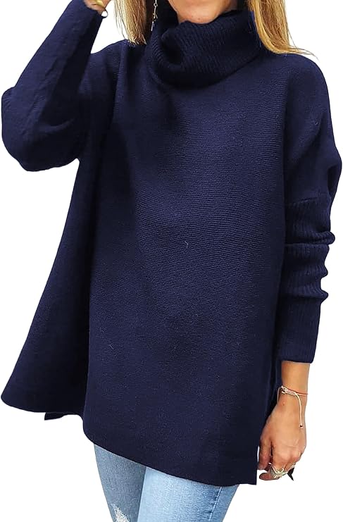 Women's Turtle-Neck Oversized Sweaters Long Batwing Sleeve Spilt Hem Tunic Pullover Knit Tops Royal XXL
