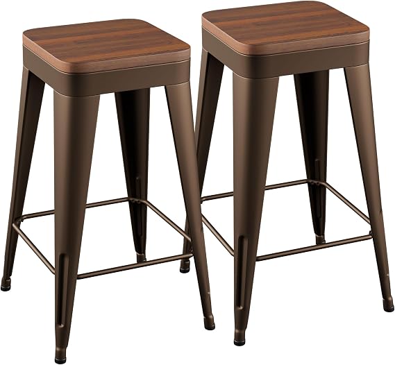 Bar Stools Set of 2 Metal Bar Stool Counter Height Bar Stools Rusty, Modern 24" Bar Chairs Without Back,Wooden Seat Bar Stool Counter Height