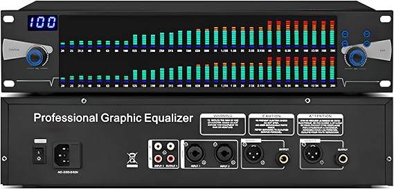 Graphic Equalizer Hifi Dual 31-band, Digital LED Music Spectrum Analyzer with 10 Preset Memory Storage, Audio Processor for Recording Studio, Home