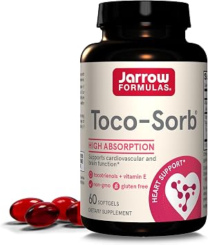 Jarrow Formulas Toco-Sorb Cardiovascular Health and Brain Function Support, High Absorption Formula, Tocotrienol-Tocopherol Complex and Vitamin E, 60 Softgels, 30 Day Supply
