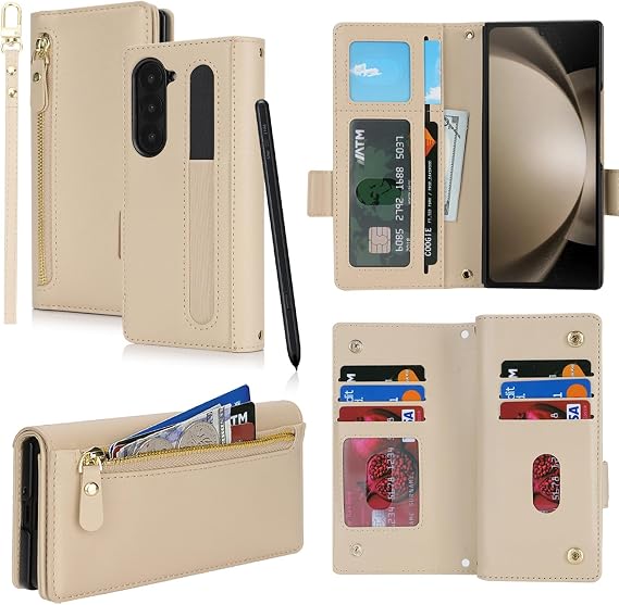 Fit for Samsung Galaxy Z Fold 5 5G Case Wallet with S Pen Holder for Men Women [S Pen Not Include],Z Fold 5 /Fold5 Phone Case with Card Holder,Wrist Strap Zipper PU Leather Case,Beige