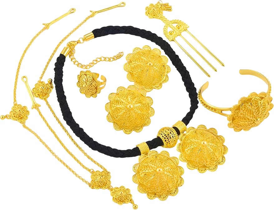 14K Filled Gold Eritrean Jewelry Set For Women, Ethiopian Necklaces Earrings Rings Bracelets Hairpin And Forehead Chain, Ethiopian Jewelry For Women Set
