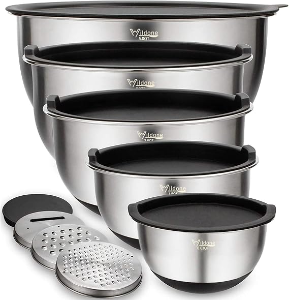 Wildone Mixing Bowls with Airtight Lids Set, 5PCS Stainless Steel Nesting Bowls for Kitchen, with Grater Attachments & Non-Slip Bottoms, Size 5, 3, 2, 1.5, 0.63 QT, Great for Mixing & Serving