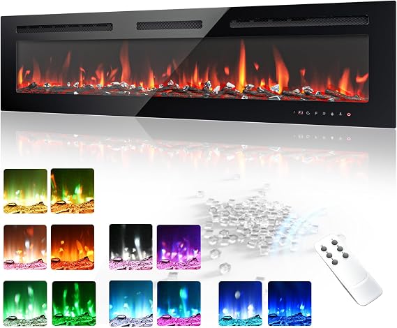EUHOMY 60 Inch Electric Fireplace Wall Recessed and Wall Mounted with Adjustable Flame Color, Fireplace Heater with Remote Control, Linear Fireplace with Timer, Touch Screen, Log & Crystal, 750/1500W | Adjustable Flame Color, Remote Control, Timer, Touch Screen, Log and Crystal, 750W/1500W Fireplace Heater
