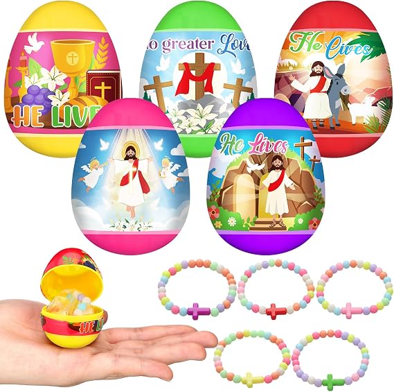 Poen 30 Set Prefilled Religious Easter Eggs with Christian Cross Candy Colored Bracelets Easter Eggs Religious Easter Basket Stuffers for Holy Week Church Egg Hunt Party Favors Gifts