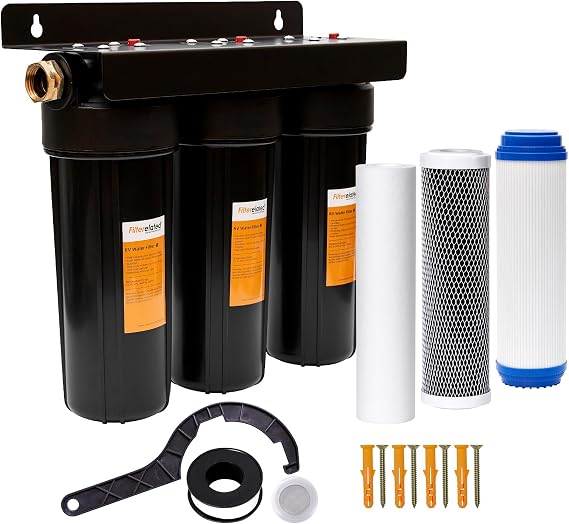 RV Water Filter System,Leak-Free Brass Fittings, Three Filters Included Reduces Sediment,rv Water Filter,Chlorine,Bad Taste and Odors,Suitable for RVs,Boats,Farming & Gardening