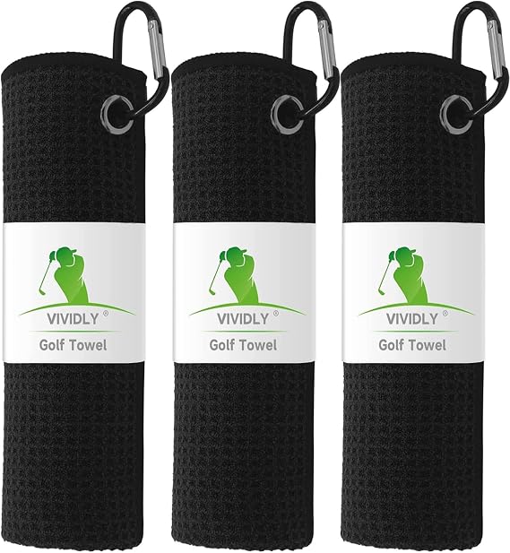 3 Pack 16"x16" Waffle Microfiber Golf Towels with Carabiner Clip (Black)