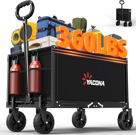 3 in 1 Wagons Carts Foldable with 360LBS Capacity, 120L Heavy Duty Collapsible Wagon, Utility Wagon Cart with Wheels for Grocery, Camping, Shopping, Beach, Garden Black 1