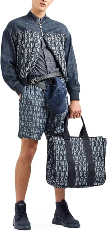 Armani Exchange Men's All Over Jacquard Logo Denim Bomber Jacket
