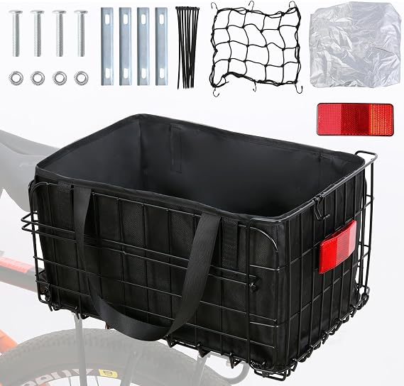 Bike Basket Rear Folding Large Bicycle Rear Basket with Removable Liner Bag and Waterproof Cover Large Capacity Ebike Rear Basket Metal for Adult Women/Men Carrying Dogs Pets Fruit & Grocery