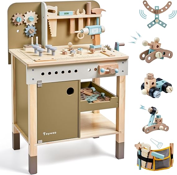 Toywoo Kids Tool Set,Wooden Tools Bench with Apron Toddler Toy Workbench With Realistic Tools Electric Drill STEM Construction Toy Gifts for Age 3-9 Boys Girls