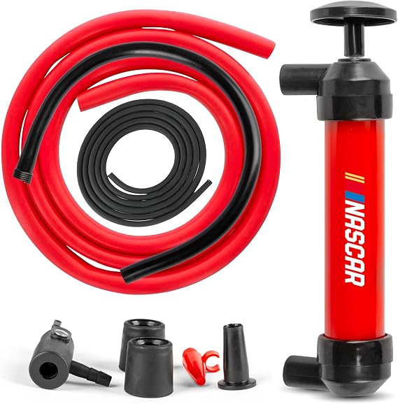 NASCAR Transfer Pump, Multi-Use Siphon Fuel Transfer Pump Kit for Gas Oil and Liquids, Leak-Free Gasoline Portable Fluid Transfer & Air Pump Kit for Water, Tires & More, Red & Black