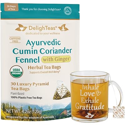 DelighTeas Organic CCF Ginger Tea with Inspirational Tea Mug | 30 Eco-Conscious Pyramid Tea Bags | Ayurvedic Cumin, Coriander, Fennel, Ginger Tea
