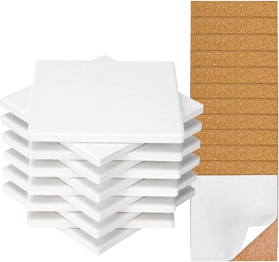 12 Pack 4 in Unglazed Ceramic Coasters with Corks Backing for Art Crafts | White Square Blank Ceramic Tiles for Acrylic Pouring, DIY Coasters, Painting Projects, Decoupage